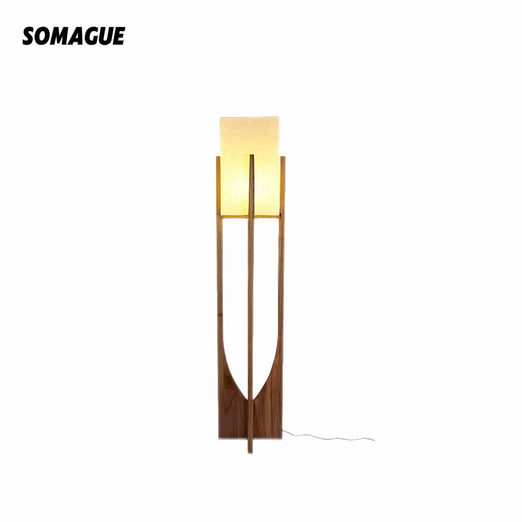 Nexa Lámpara de Pie Rectangular Madera Natural Tela Salón
