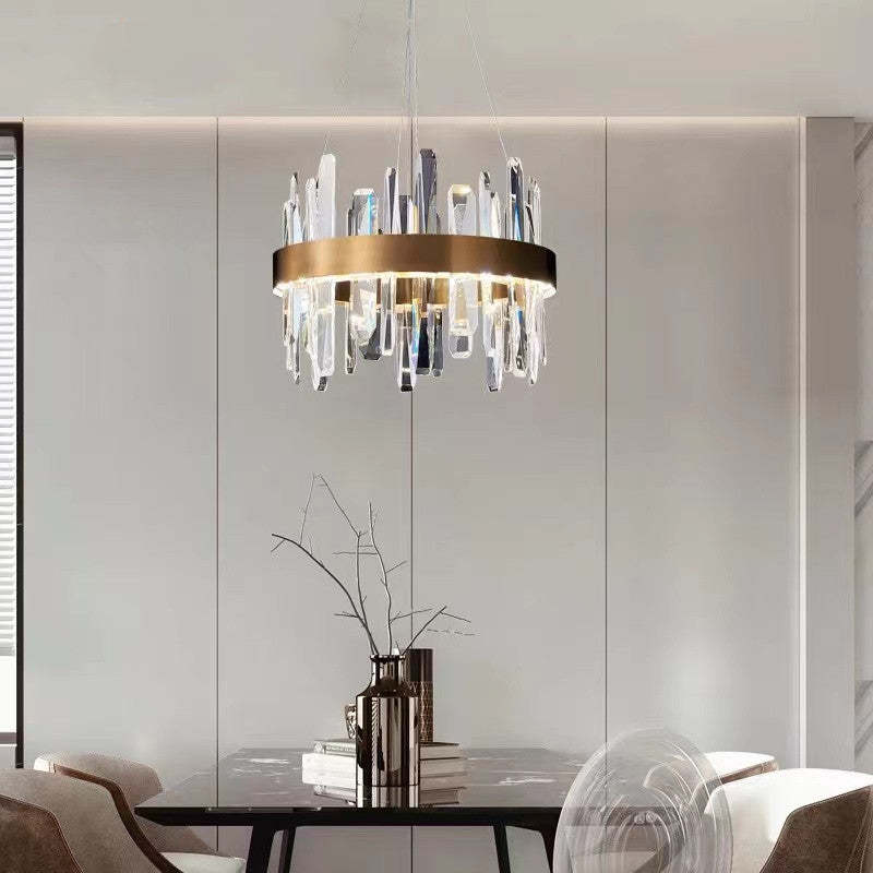 Aura Chandelier Modern Crystal Rings Stainless Steel Glass Living Room