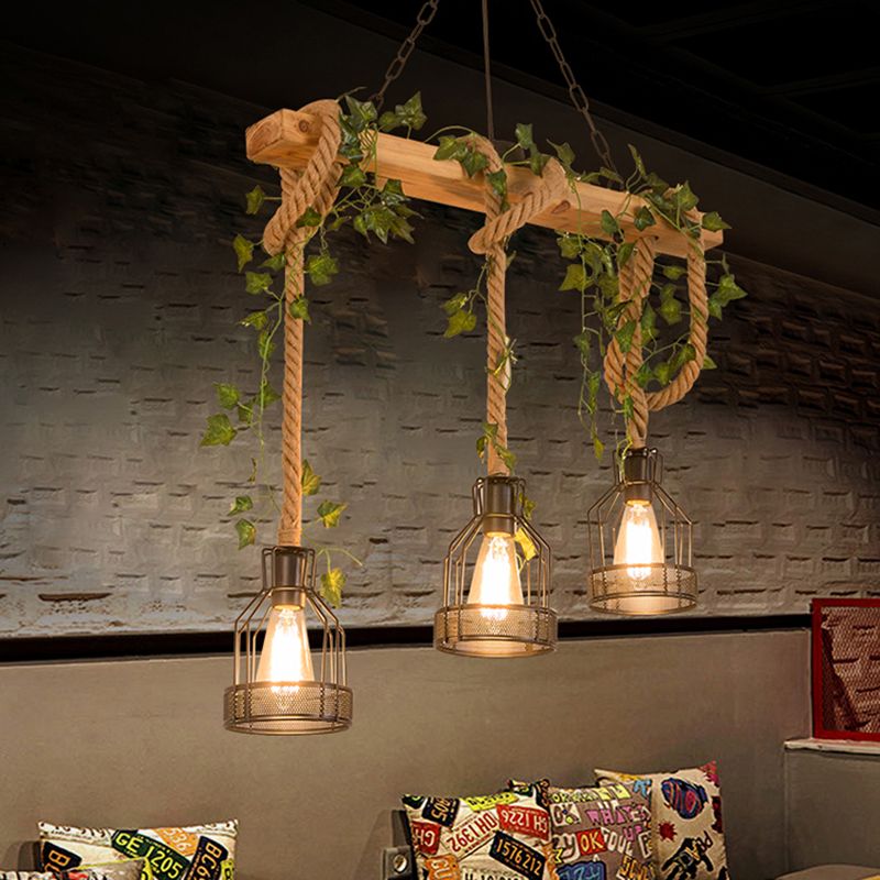 Noncu Pendant Light Wooden Beam Farmhouse Vintage Cage Living Room