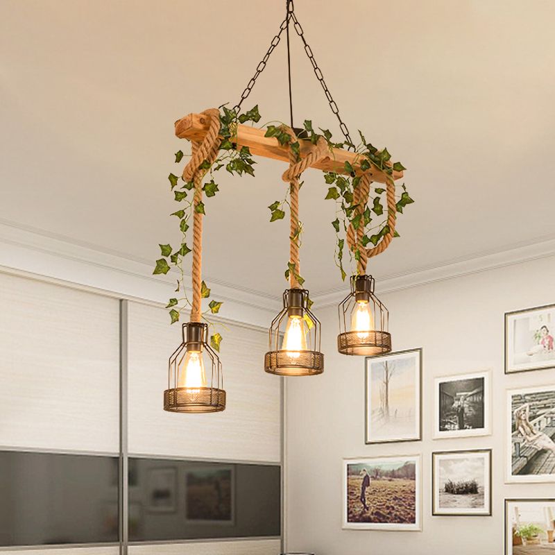 Noncu Pendant Light Wooden Beam Farmhouse Vintage Cage Living Room