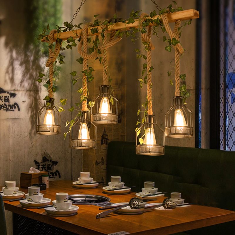 Noncu Pendant Light Wooden Beam Farmhouse Vintage Cage Living Room