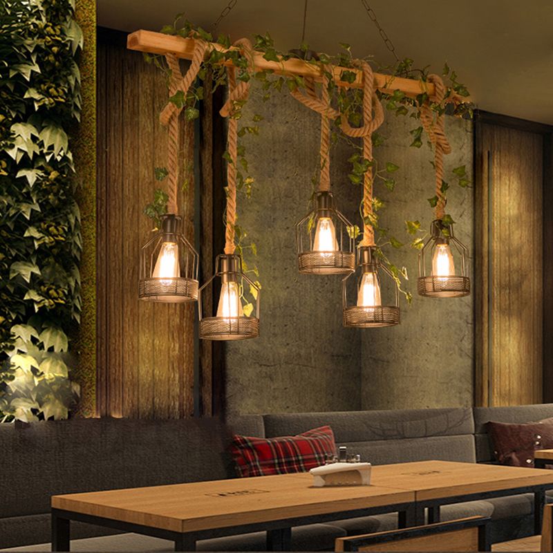 Noncu Pendant Light Wooden Beam Farmhouse Vintage Cage Living Room