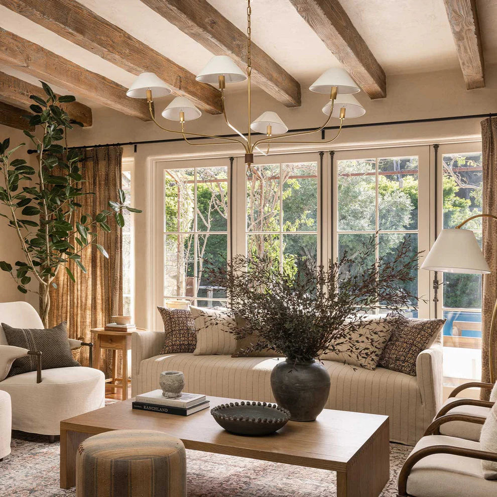 Elys Chandelier Vintage Luxury Brass Fabric Shades Living Dining Room