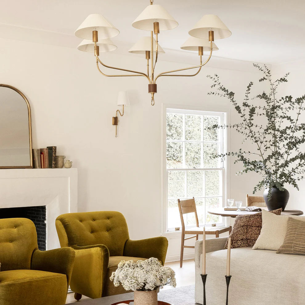 Elys Chandelier Vintage Luxury Brass Fabric Shades Living Dining Room