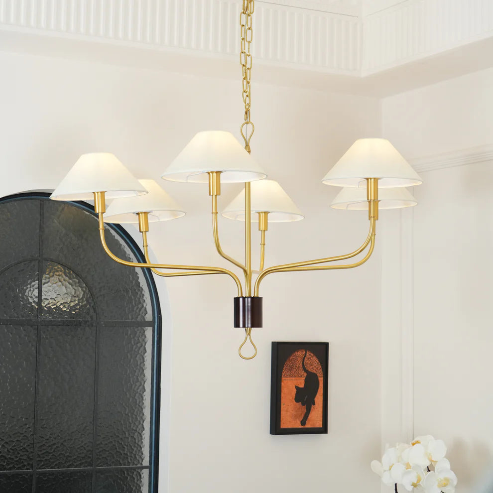 Elys Chandelier Vintage Luxury Brass Fabric Shades Living Dining Room