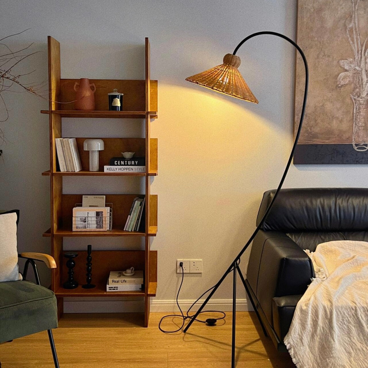 Noncu Floor Lamp Vintage Rattan Simply Metal Living Room Bedroom