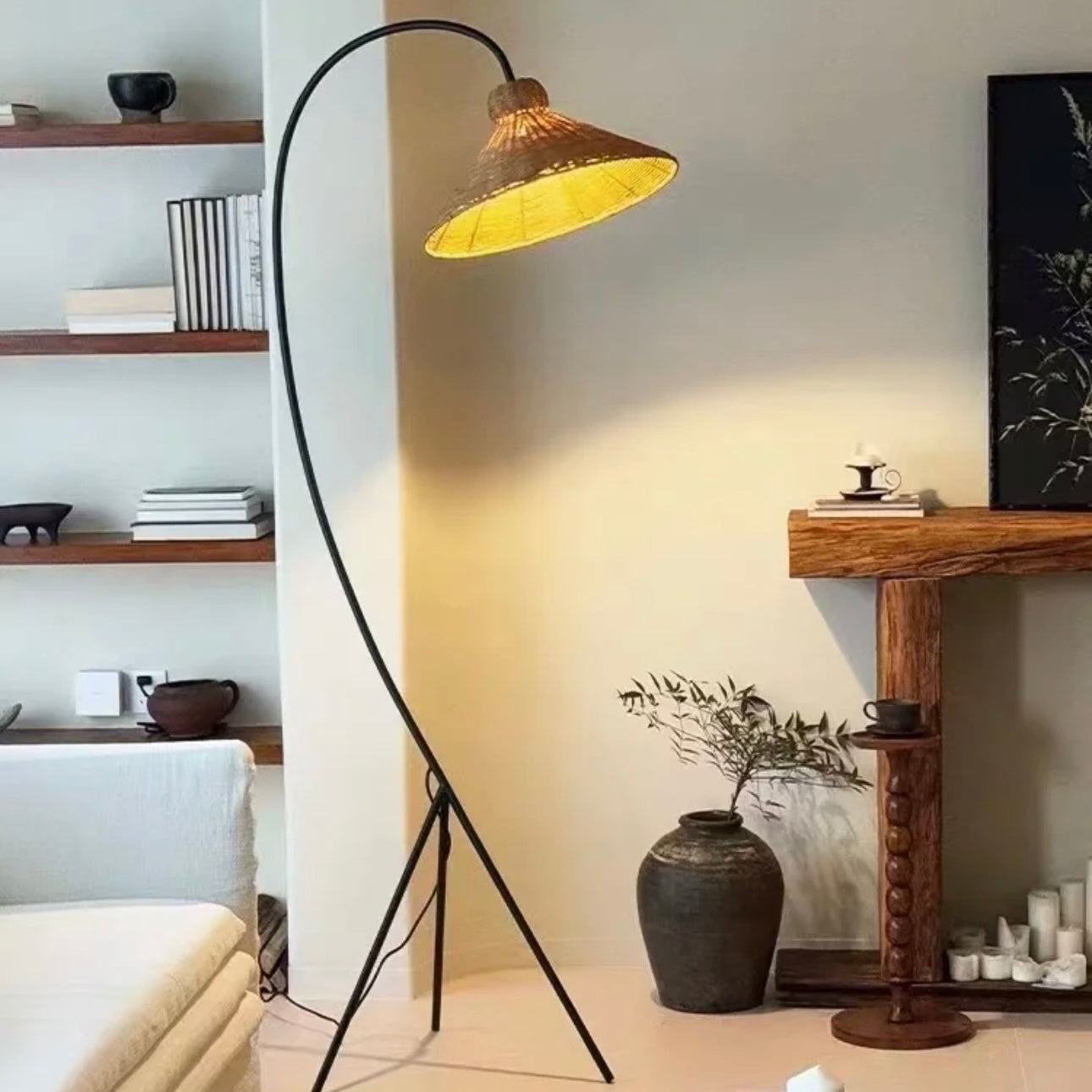 Noncu Floor Lamp Vintage Rattan Simply Metal Living Room Bedroom