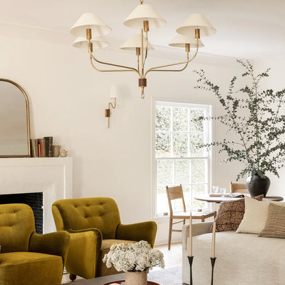 Elys Chandelier Vintage Luxury Brass Fabric Shades Living Dining Room