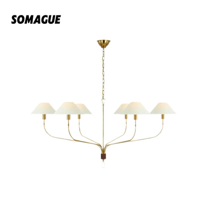 Elys Chandelier Vintage Luxury Brass Fabric Shades Living Dining Room
