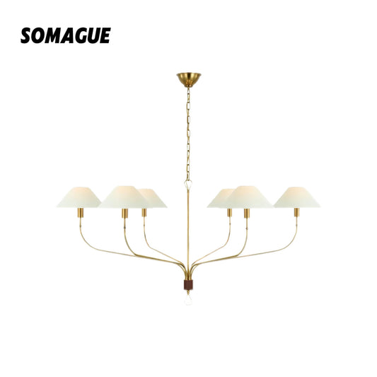 Elys Chandelier Vintage Luxury Brass Fabric Shades Living Dining Room
